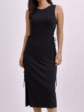 BCBGeneration Black Sleeveless Midi Dress with Side Lace-Up